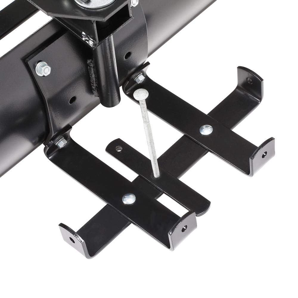 Close-up of a black metal bracket with a long bolt, designed for mounting, featuring multiple slots and holes for easy adjustment within larger mechanical assemblies like the Brinly Parts 38” Sleeve Hitch Box Scraper (BS-381BH) or similar configurations.