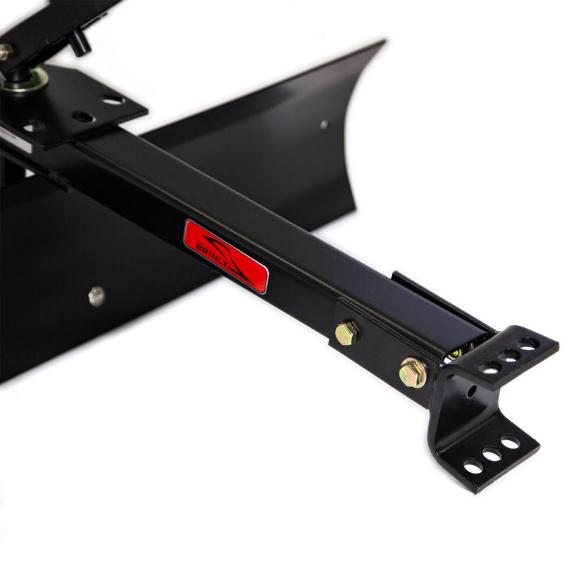 Close-up of Brinly Parts 42” Sleeve Hitch Rear Blade (BB-562) in black metal, featuring the red and black Brinly logo. Bolts and adjustable holes show connection points on the arm. A white background highlights this essential landscaping tool.