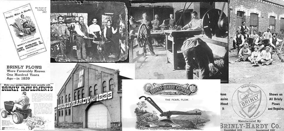 A collage featuring vintage photos and advertisements for Brinly-Hardy Co., showcasing workers, historic buildings, product illustrations, and logos highlighting the companys history in manufacturing agricultural implements since 1839.