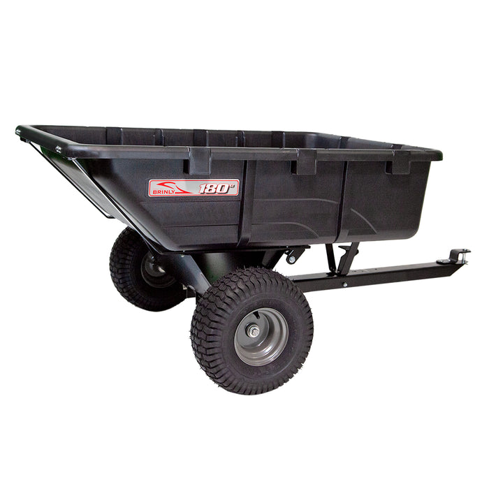 Presenting the Brinly Parts 10 Cu. Ft. Towable Poly Cart Dump Trailer, model RPC-10BH-A. Ideal for lawn care, this black cart has a durable plastic bed, two rugged wheels, and a metal tow hitch. It features a red 180° logo and offers an efficient 180-degree dump angle with an upward-angled base toward the towing arm.