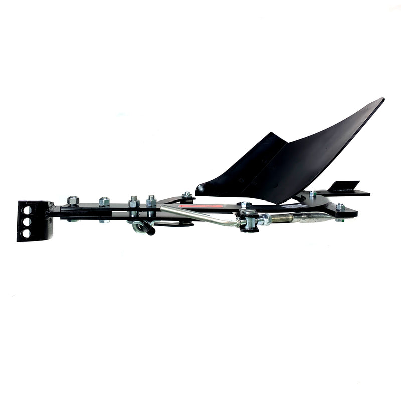 The Brinly Parts Sleeve Hitch Moldboard Plow (PP-510) features a side view design with a black finish, multiple bolts, curved blade, metal rods, and mounting bracket on a white background—ideal for tractor attachment.