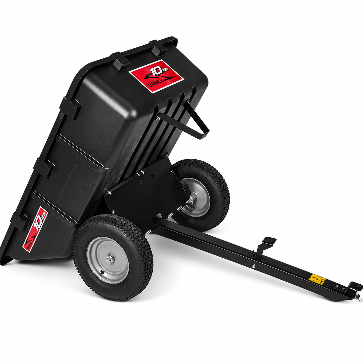 The Brinly Parts 10 Cu. Ft. Poly Cart (PCT-101BH) features a black poly bed, two large wheels, a sturdy metal tow bar, and red Brinly decals on the sides, shown here tilted back and ready for attachment to your tractor or lawn mower.