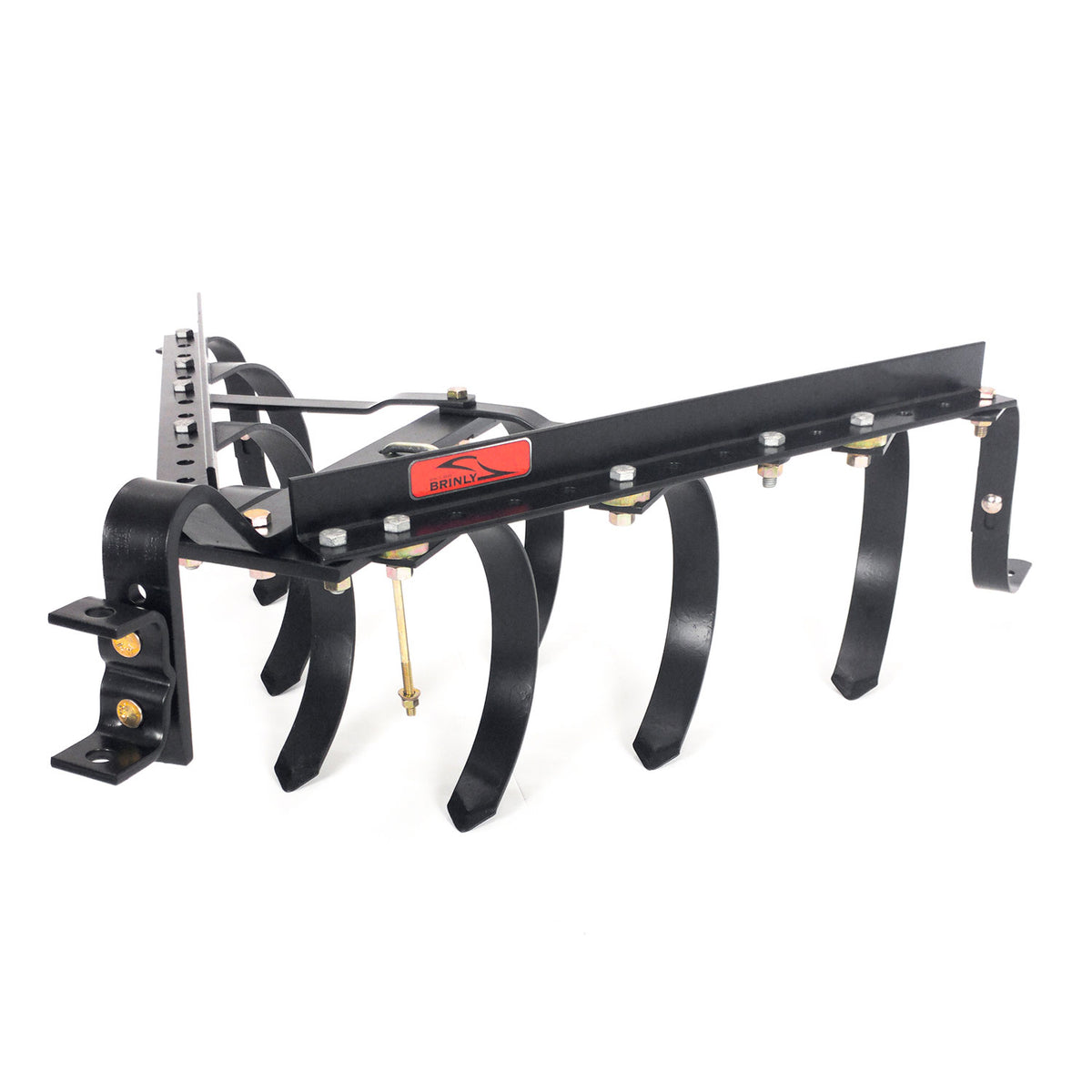 Displayed against a white background is the Brinly Parts Sleeve Hitch Cultivator | CC-560, featuring multiple curved tines, bolts, a horizontal frame, and a mounting bracket. Designed for effective tilling or aerating garden soil.