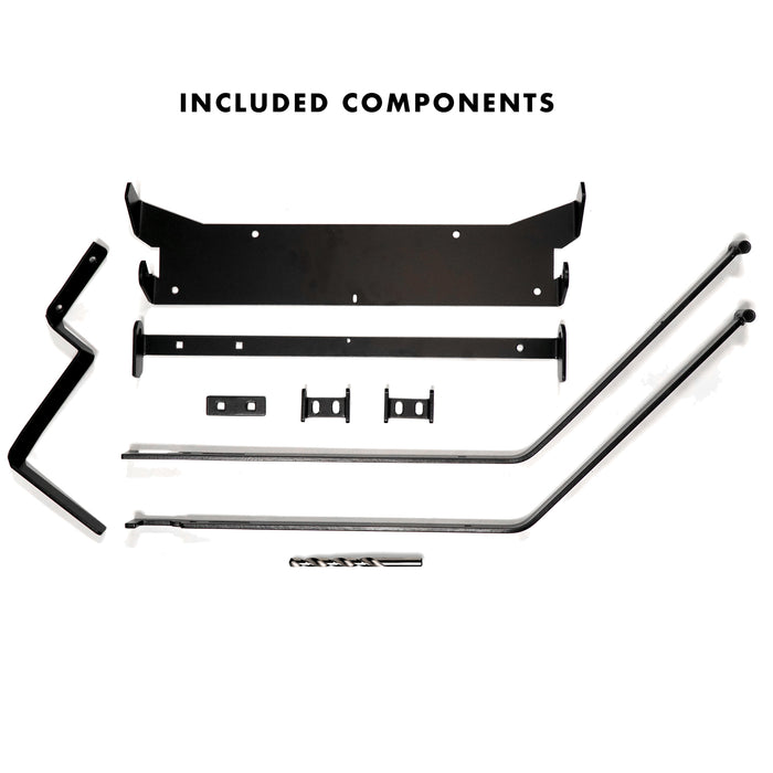 Black and silver metal parts for The Roger 180-Degree Full Dump Kit for Brinly-Hardy 10 cu. ft. Poly Carts by Brinly Parts are displayed on a white background with INCLUDED COMPONENTS above them.