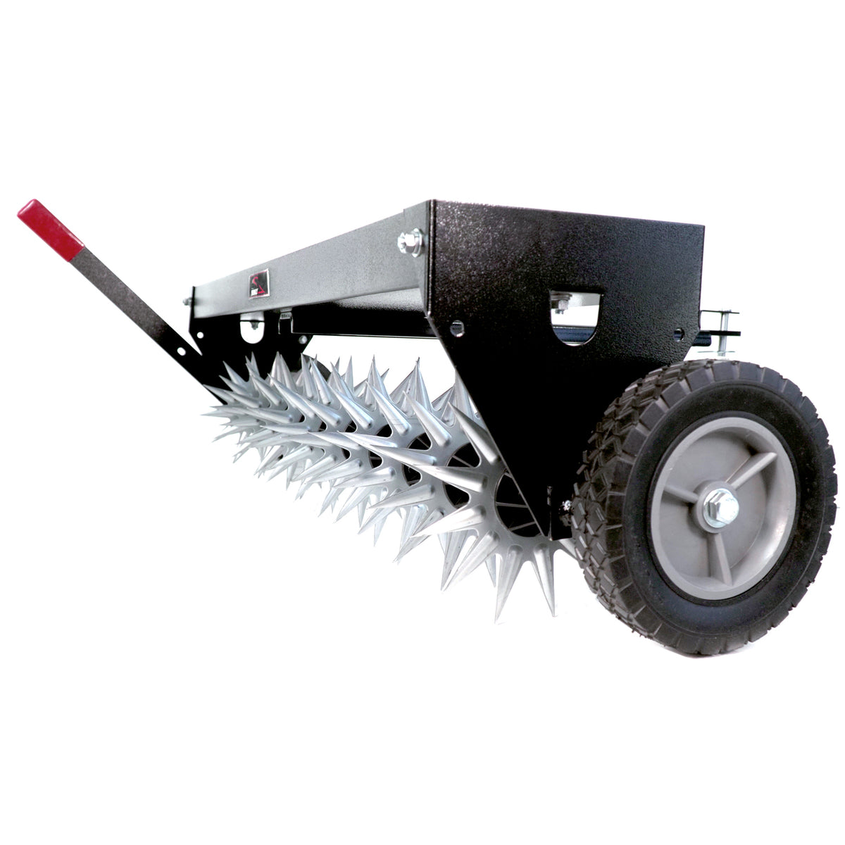 Brinly Parts 40″ Tow-Behind Spike Aerator (SAT2-40BH-G) features spiked rollers, a sturdy black metal frame, large rubber transport wheels, and a red handle for easy towing or vehicle attachment, making it ideal for lawn aeration by creating tiny ground holes.