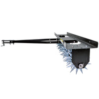 The Brinly Parts 40" Tow-Behind Spike Aerator (SA2-40BH-P2) features sharp spiked wheels and a robust black frame with an extra-strength double tow bar for efficient lawn and soil aeration.