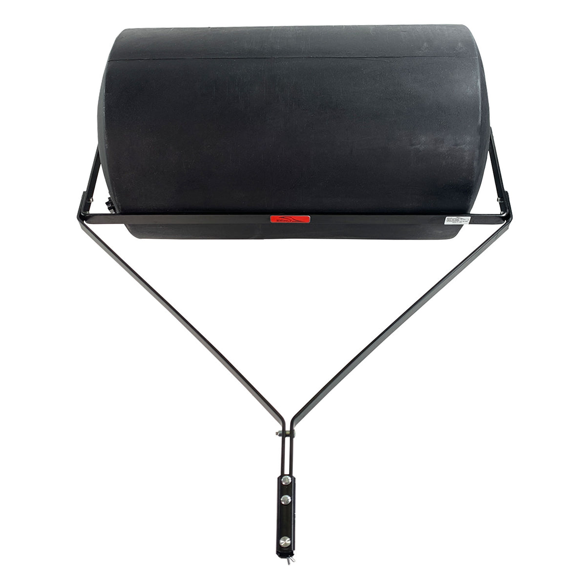 The 76 Gallon Tow-Behind Poly Roller (PRT-362BH) by Brinly Parts features a cylindrical 36 heavy-duty black polyethylene drum with a triangular handle frame, ideal for flattening and smoothing lawns. Its robust construction is highlighted against a white background.