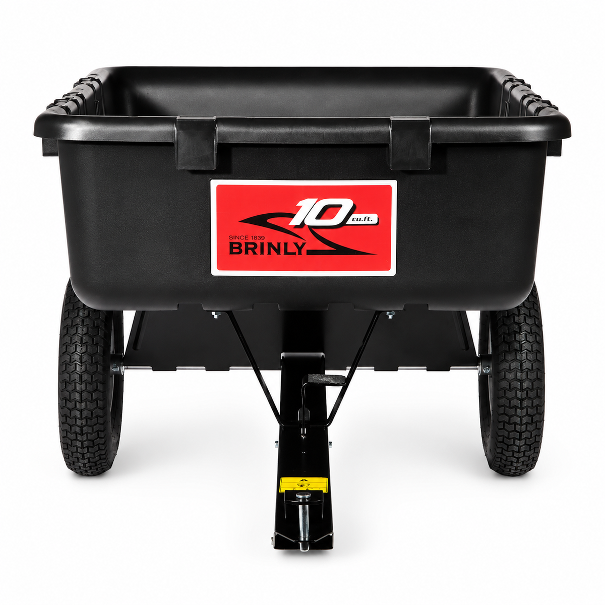 A black 10 cu. ft. poly cart (PCT-101BH) by Brinly Parts, featuring two large treaded wheels, a deep plastic bed, and a red label reading "10 cu. ft. BRINLY" on the front, shown from the front against a white background.