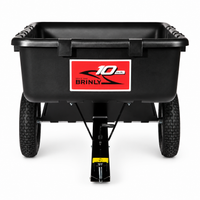 A black 10 cu. ft. poly cart (PCT-101BH) by Brinly Parts, featuring two large treaded wheels, a deep plastic bed, and a red label reading "10 cu. ft. BRINLY" on the front, shown from the front against a white background.