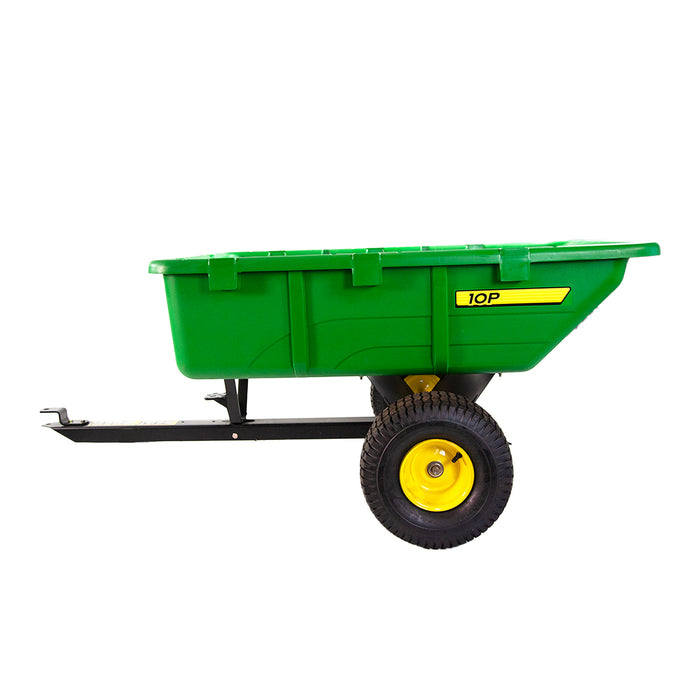 The John Deere 10 cu. ft. Poly Cart (PCT-100JD/LPPCT10JD) is green with two black wheels, yellow hubs, and a handle and hitch up front. It features a yellow stripe labeled 10P and offers a 650 lb. hauling capacity, making it sturdy for outdoor use.