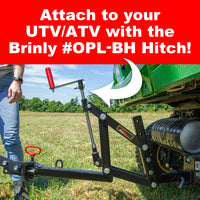 A person expertly shows how to attach a Brinly hitch with a red crank handle to a green UTV/ATV on fresh grass, illustrating seamless tool pairing, like the 38 Sleeve Hitch Box Scraper, for efficient grading. Text reads: Attach to your UTV/ATV with the Brinly #OPL-BH Hitch!.