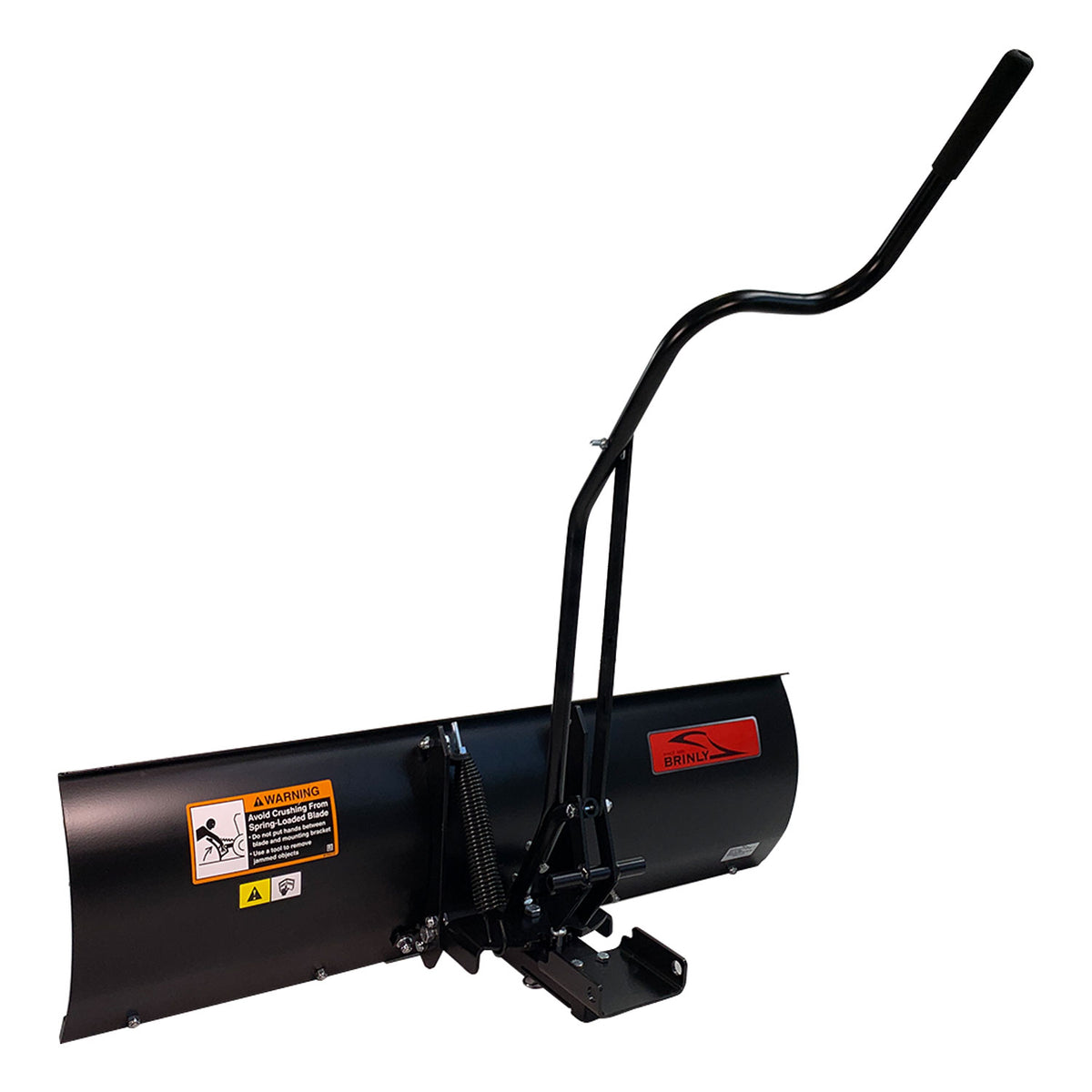 The Brinly Parts FB-42RY 42 black steel snow blade is designed for RYOBI 38 Electric Riding Mowers. It includes a warning label, branding, and an upward-extending handle for precise control and maneuverability.