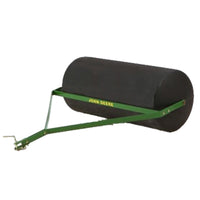 The John Deere 36 Lawn Roller (PRT-361SJD/LPPRT36JD) has a large black poly drum and green metal towing handle with a visible John Deere logo. Designed to attach to a tractor via its hitch pin, it effortlessly smooths and levels lawns.