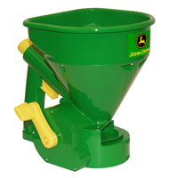 The John Deere Handheld Spreader LP35445-A features a green and yellow design with an ergonomic trigger handle and crank. It proudly displays the brand name and logo, enhanced by an adjustable flow gate for precise spreading.