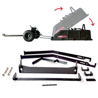 The image displays the versatile Roger 180-Degree Full Dump Kit by Brinly Parts for Brinly-Hardy 10 cu. ft. Poly Carts, with red arrows emphasizing its dump feature. Below, disassembled metal parts, bolts, and a drill bit hint at various assembly options or upgrades for the cart.