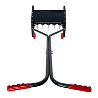 Brinly Parts 20 Push Spike Aerator features a black metal frame with a spiked roller and red wheels. It includes two curved handles with red grips and an adjustable height handle. Made with 3D galvanized steel tines, it efficiently aerates soil for better air, water, and nutrient absorption.