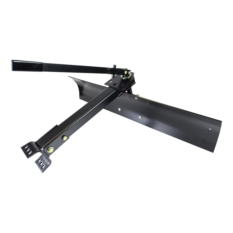 The Brinly Parts 42” Sleeve Hitch Rear Blade (BB-562) is a black metal landscaping tool designed for tractors, featuring a long horizontal blade and two angled support arms with bolts for durability and adjustable functionality, making it an ideal lawn tractor attachment.