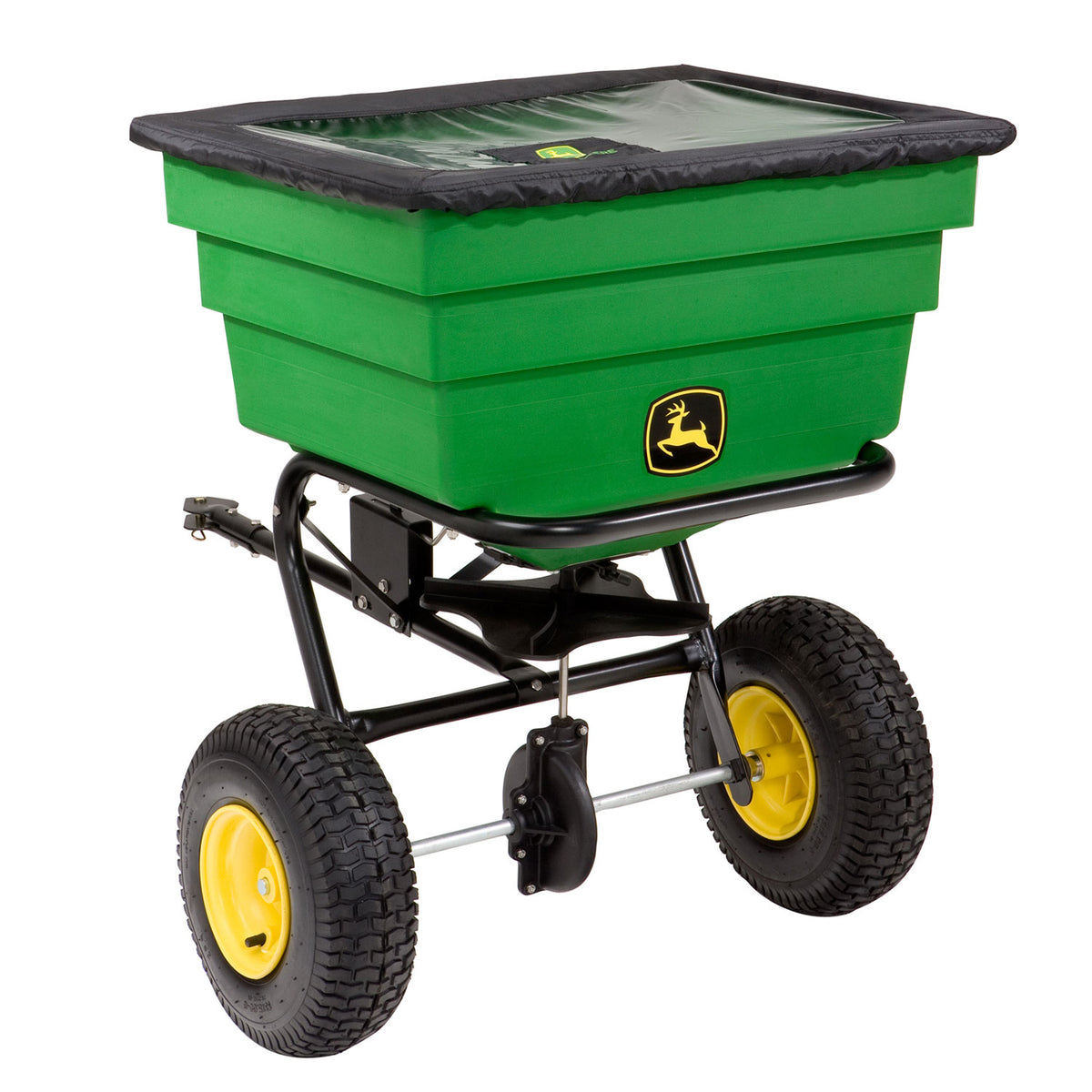 The Brinly Parts Tow Broadcast Spreader - 175 lb boasts a transparent poly hopper, a green and black design, yellow wheels, a logo on the front, and is mounted on a sturdy black metal frame with two large pneumatic rear tires and one smaller front wheel for steering.