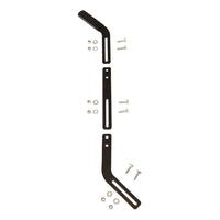 The Brinly Parts Tow-Behind Spreader Handle Extension Kit includes two vertically aligned black metal brackets with top bends and six symmetrically arranged screws, nuts, and washers on a white background. Its ideal for customizable lengths for your Brinly Spreader.