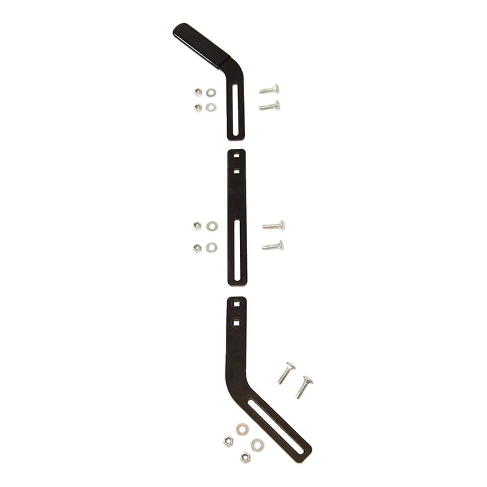 The Brinly Parts Tow-Behind Spreader Handle Extension Kit includes two vertically aligned black metal brackets with top bends and six symmetrically arranged screws, nuts, and washers on a white background. Its ideal for customizable lengths for your Brinly Spreader.