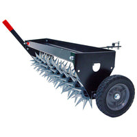The Brinly Parts 40″ Spike Aerator (SAT-401BH) features 3D galvanized steel tines, transport wheels, black side panels, a red-and-black handle, and dual rubber tires for manual or tow-behind lawn aeration.