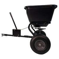 The Brinly Parts 125 Lb. Tow-Behind Broadcast Spreader (BS26BH) features a rust-proof polyethylene hopper, durable tires, and a handle for easy maneuverability. Its simple design is perfect for spreading seeds or fertilizer in gardens or yards during lawn tasks.