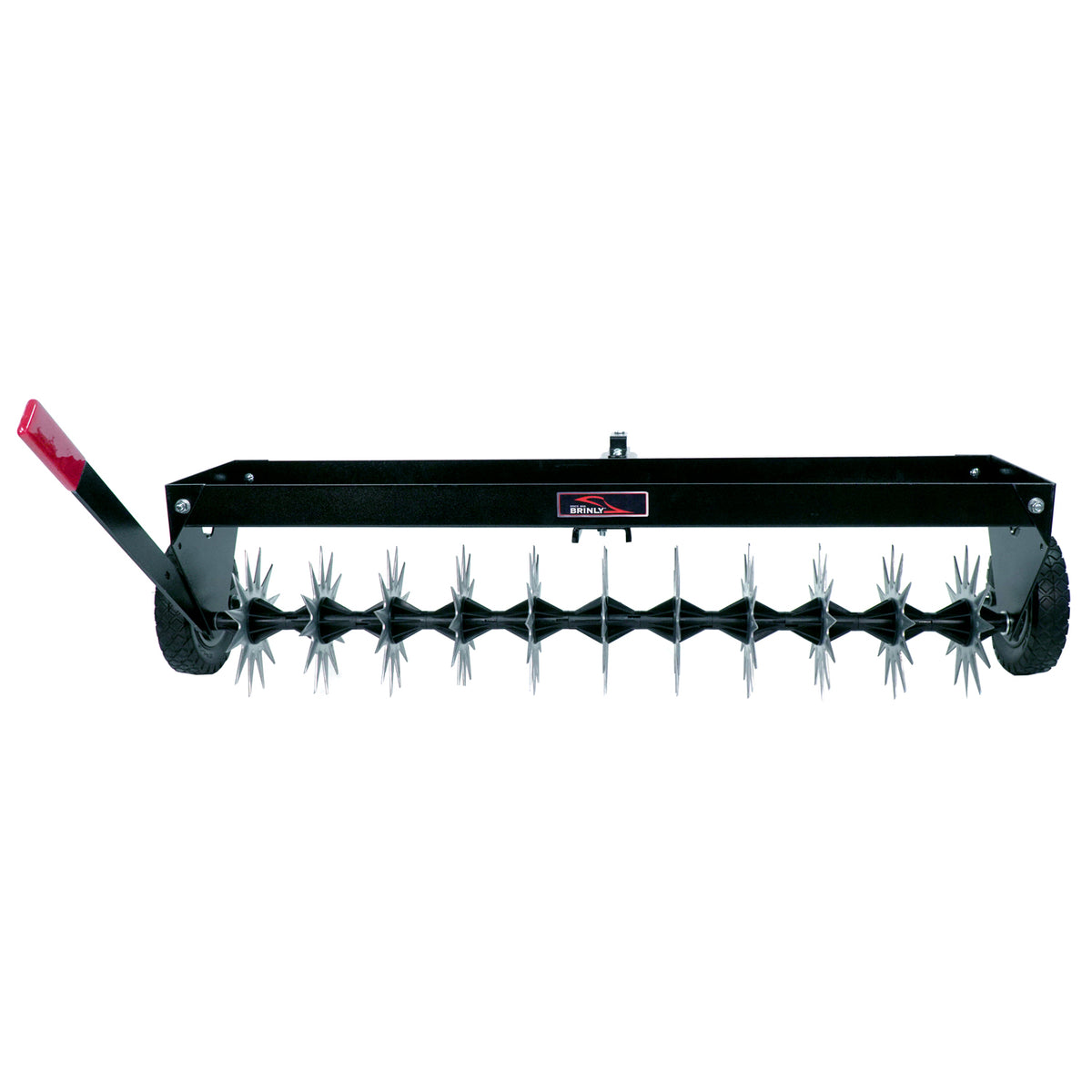 The Brinly Parts 40″ Tow-Behind Spike Aerator | SAT2-40BH-G has a black and red design, featuring multiple spiked wheels for efficient lawn aeration. It attaches to a lawn tractor with its wide channel tow bar, two side transport wheels, and has a rectangular frame for stability.