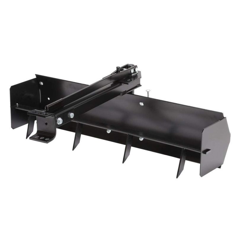 The Brinly Parts 38” Sleeve Hitch Box Scraper (BS-381BH) is a black metal attachment with a horizontal bar, angled side panels, and vertical blades. Its perfect for tasks like grading and ensures efficiency and precision when used with compatible equipment.