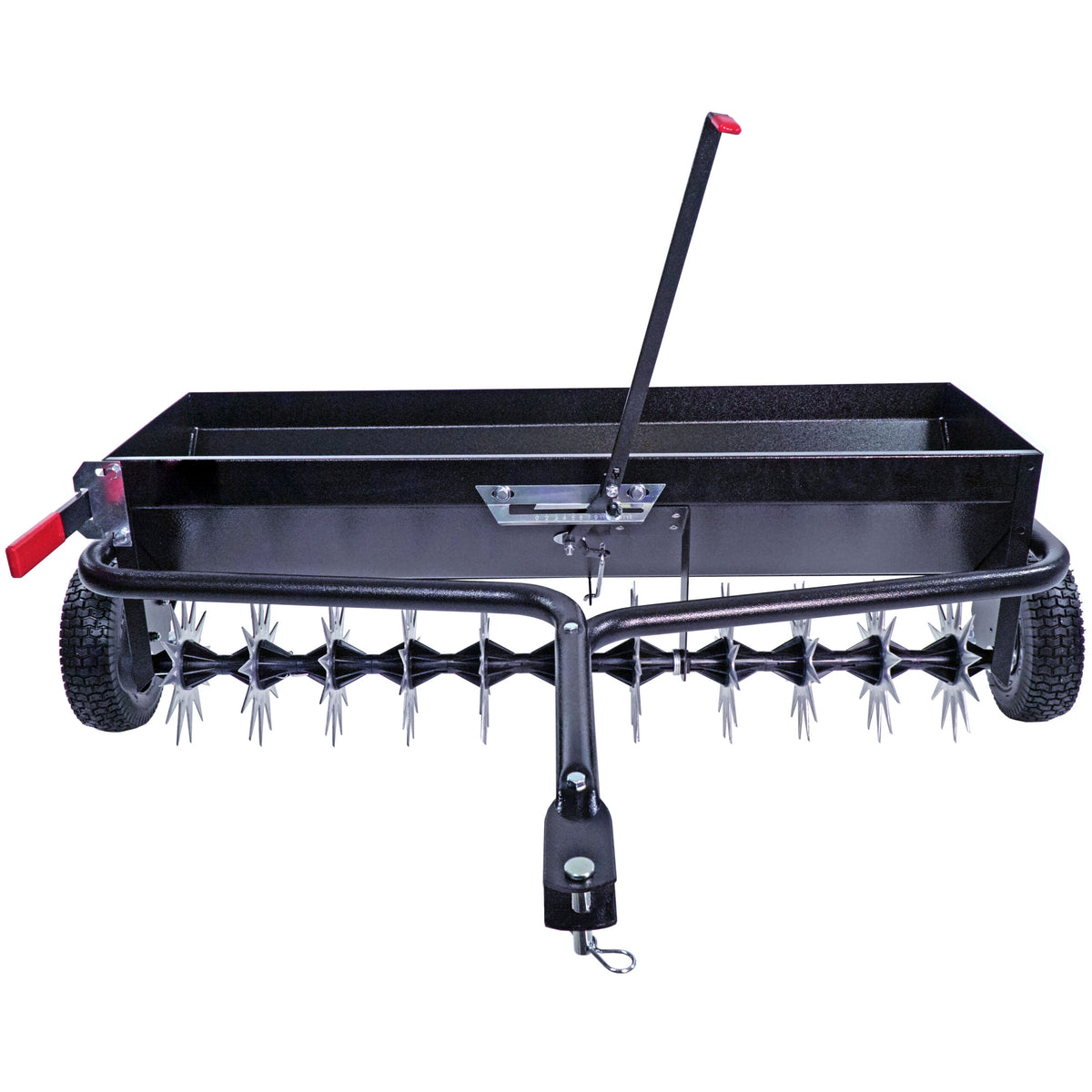 The Brinly Parts 40 Combination Aerator Spreader (AS2-40BH-G) features pneumatic tires, a rectangular tray, spiked drum, and red handle lever. It includes a 100 lb. capacity hopper for spreading materials as you tow it with your ride-on mower or tractor to enhance lawn care.