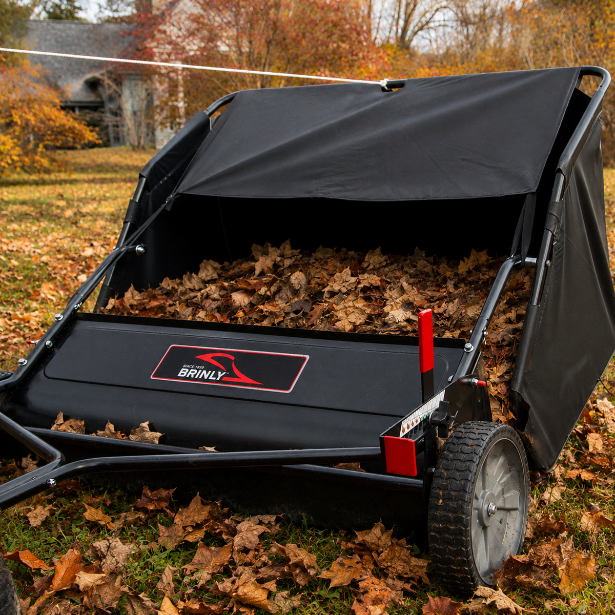 A Brinly Parts 42″ Lawn Sweeper with DOUBLE-HELIX Brushes (LS2-42BH2-G), filled with fallen autumn leaves, sits on the grassy lawn, demonstrating efficient leaf removal amid vibrant trees and a house in the background.