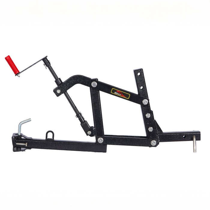 The Brinly Parts Universal ATV/UTV One-Point Lift (OPL2-BH) is a black metal tool with a red handle, adjustable arms, bolts, and clamp for lifting or securing Brinly ground-engaging products, shown on a white background.