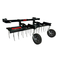 The Brinly Parts 48” ZTR Dethatcher DTZ-481BH is a black and red metal tool with sharp tines and two rubber wheels. It easily hitches to zero turn mowers, providing a sturdy design ideal for removing thatch from grass surfaces for effective lawn maintenance.