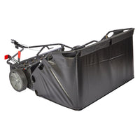 The Brinly Parts 42″ Combo Lawn Sweeper with Dethatcher (LSDT2-42BH-G) features two wheels, a metal frame, and a rear mesh collection bag for efficient leaf and debris pickup from lawns.