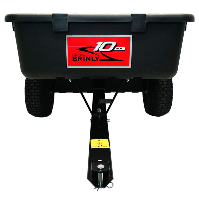 Front view of the Brinly Parts 10 Cu. Ft. Poly Cart | PCT-101BH, featuring a roomy 10 cubic foot poly design, large wheels, and a tow bar for easy attachment to your lawn tractor or vehicle.