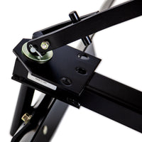 Close-up of the Brinly Parts 42” Sleeve Hitch Rear Blade (BB-562), showcasing black metal construction with bolts and a lever mechanism, made in USA. The design is sturdy with a modern industrial look, multiple connection points, and a matte finish.