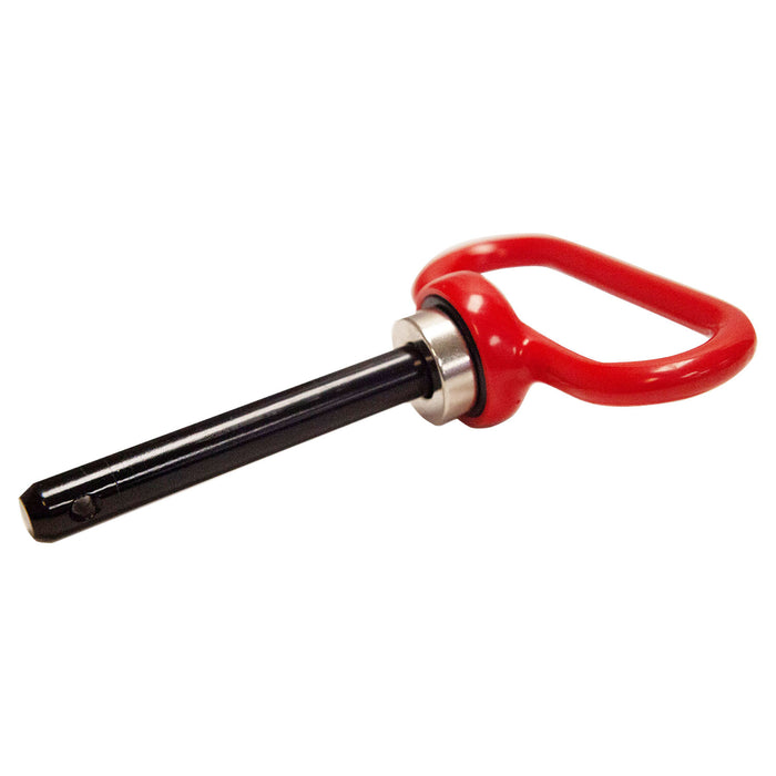 The Brinly Parts Magnetic Hitch Pin - 1/2 Inch features a black pin, red D-shaped handle, and silver ring, designed for tow-behind lawn equipment. Shown on a white background.