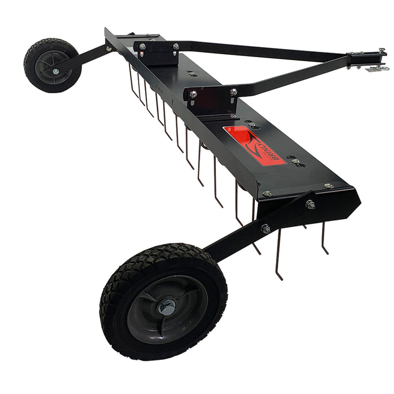 The 48” Tow-Behind Dethatcher (DT-480BH) by Brinly Parts features a rectangular frame, multiple metal tines, and two large black wheels. Angled to the left for efficient lawn care, it has a sleek design with a red brand label on top.