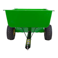 The John Deere 13 cu. ft. Steel Utility Cart (HDC-130JD/LPHDC13JD) features a green steel body, large black tires, and a bracketless tailgate, designed for towing behind a lawn tractor or ATV.
