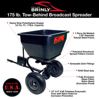 Image of a durable Brinly Parts BS36BH tow-behind spreader with rust-proof polyethylene hopper and sturdy steel frame. Features include spread pattern control, greasable fittings, glass-filled gears, pneumatic tires, universal hitch. Proudly Made in the U.S.A.