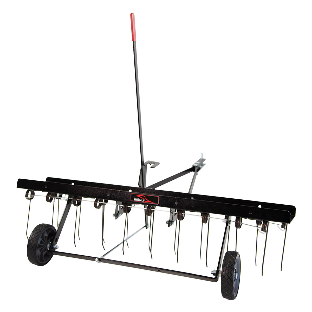 The Brinly Parts 40″ Tow-Behind Dethatcher (DT2-40BH-G) features a sleek black and red design, multiple metal tines, two wheels, and a long handle for easy towing with a lawn tractor, ensuring efficient thatch removal.