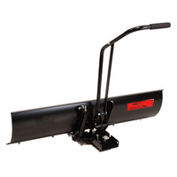 The Brinly Parts Front-Mount Blade (FB-42RYZT) seamlessly integrates with RYOBI Electric Zero-Turn Mowers, featuring a robust black snowplow attachment with a handle, a red logo, and sturdy steel parts for reliable snow clearing.