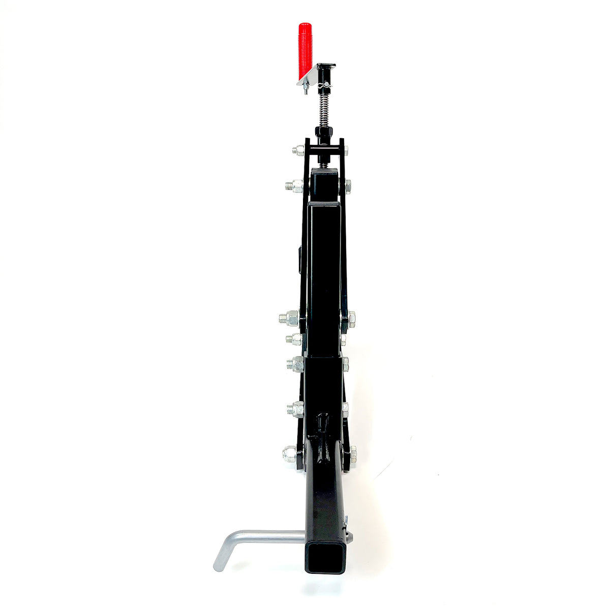 A black metal Universal ATV/UTV One-Point Lift from Brinly Parts stands vertically with several bolts, a red-handled lever on top, and a silver L-shaped Brinly Sleeve hitch support protruding from the bottom left.