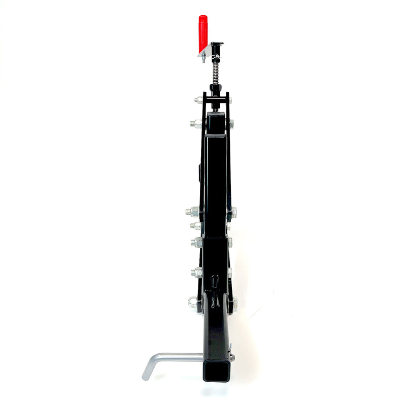 A black metal Universal ATV/UTV One-Point Lift from Brinly Parts stands vertically with several bolts, a red-handled lever on top, and a silver L-shaped Brinly Sleeve hitch support protruding from the bottom left.