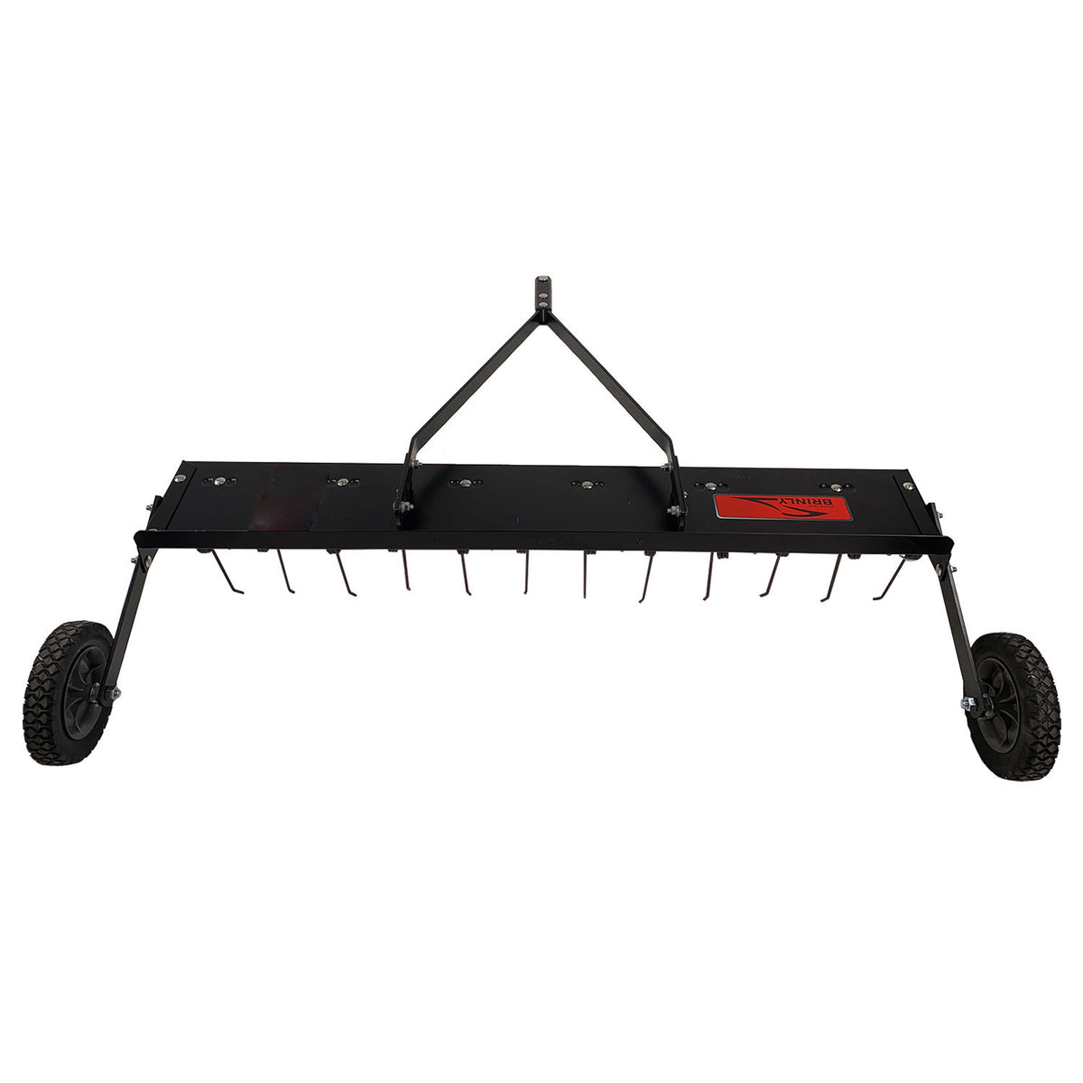 The Brinly Parts 48” Tow-Behind Dethatcher | DT-480BH features a metal rake with curved tines, a black frame, and two wheels. Its triangular hitch easily attaches to tractors or lawnmowers for efficient lawn care.