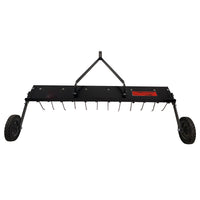 The Brinly Parts 48” Tow-Behind Dethatcher | DT-480BH features a metal rake with curved tines, a black frame, and two wheels. Its triangular hitch easily attaches to tractors or lawnmowers for efficient lawn care.