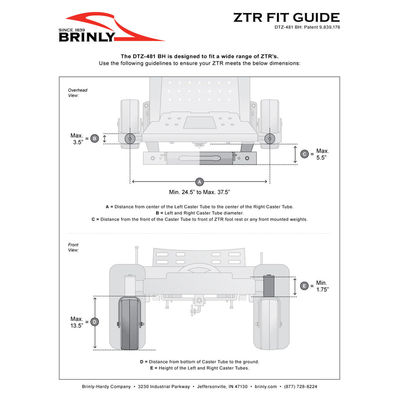 The ZTR fit guide for the Brinly Parts 48” ZTR Dethatcher | DTZ-481BH includes illustrated dimensions such as width and height limits for wheel attachment, along with detailed labels and measurements. Brinlys logo and contact info are featured at the bottom. Perfect for lawn maintenance tool users.