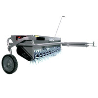 The Brinly Parts 40 Combination Aerator Spreader (AS2-40BH-S) in Hammered Gunmetal efficiently punctures soil with its wheel, enhancing air and nutrient absorption.