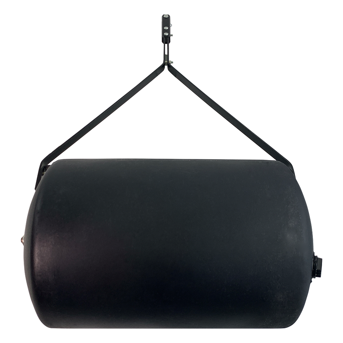 A black cylindrical hanging bag, akin to the Brinly Parts 28 Gallon Push or Tow Poly Lawn Roller PRC-242BH, is suspended by dual straps on a ceiling hook. Ideal for rigorous workouts like kickboxing or martial arts, it rivals the durability of tough lawn equipment.