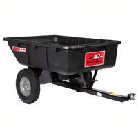 The Brinly Parts 10 Cu. Ft. Poly Cart (PCT-101BH) is a black, two-wheeled dump cart with a large plastic tub and sturdy metal tow bar for easy towing behind your lawn tractor or ATV.