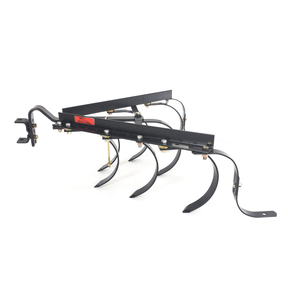 The Brinly Parts Sleeve Hitch Cultivator | CC-560, in black metal and featuring multiple curved tines with an adjustable mounting system, is ideal for attaching to agricultural equipment to aerate garden soil, isolated on a white background.